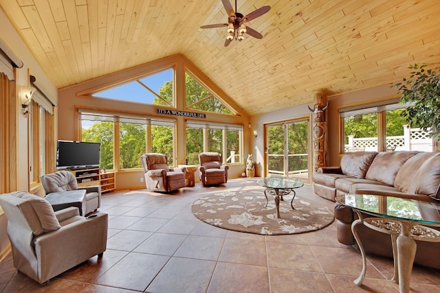 22946 185th St NW, Orrock Twp, MN 55309 - tiled living area featuring ceiling fan, high vaulted ceiling, and wooden ceiling