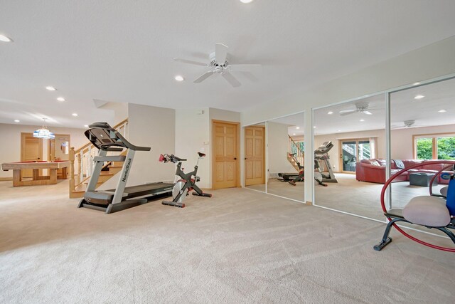22946 185th St NW, Orrock Twp, MN 55309 - workout area featuring recessed lighting, ceiling fan, and light carpet