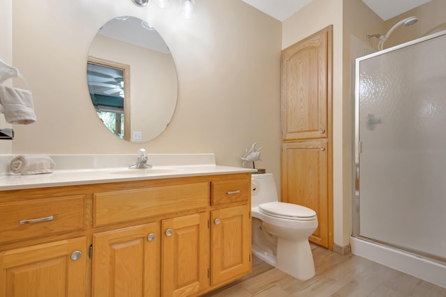 22946 185th St NW, Orrock Twp, MN 55309 - bathroom featuring a shower stall, vanity, wood finished floors, and a ceiling fan