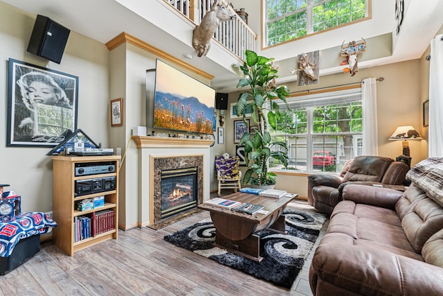 4505 Victor Path Unit 7, Hugo, MN 55038 - living area featuring a high end fireplace, a high ceiling, wood finished floors, and healthy amount of natural light