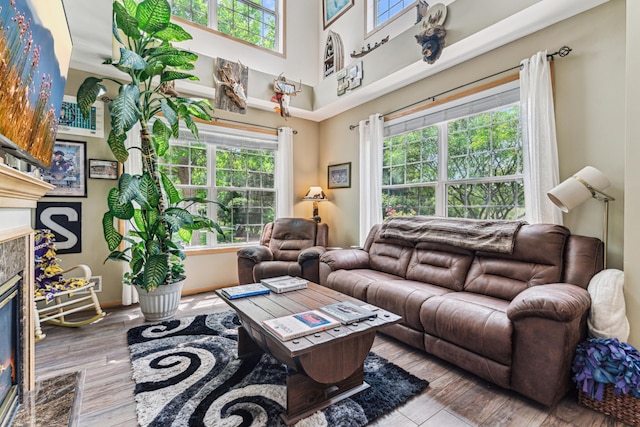 4505 Victor Path Unit 7, Hugo, MN 55038 - living area featuring a fireplace, wood finished floors, a towering ceiling, and baseboards