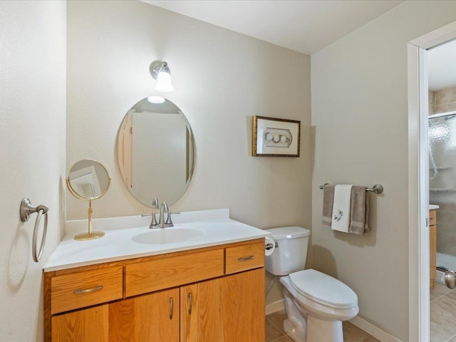 8025 Dalton Rd, Baxter, MN 56425 - bathroom with vanity, a shower, tile patterned floors, toilet, and baseboards