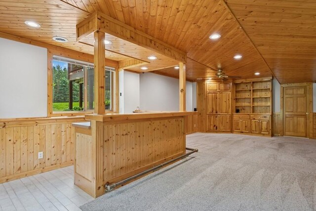 17575 Xenia St NW, Andover, MN 55304 - bar area with wood ceiling, wood walls, a wainscoted wall, ceiling fan, and recessed lighting