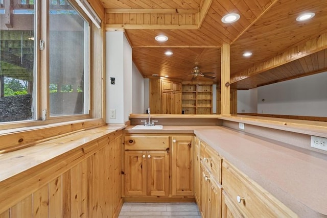 17575 Xenia St NW, Andover, MN 55304 - kitchen with wooden ceiling, a sink, recessed lighting, a ceiling fan, and light wood-type flooring