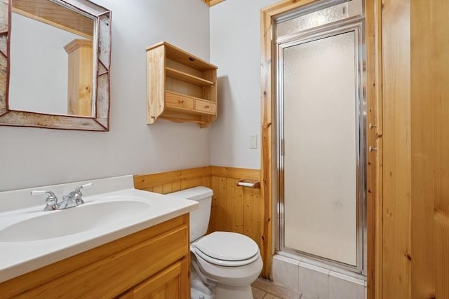 17575 Xenia St NW, Andover, MN 55304 - full bathroom featuring toilet, a shower stall, vanity, wainscoting, and wooden walls