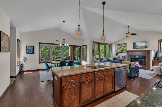 944 Cove Ct NW, Sauk Rapids, MN 56379 - kitchen with a sink, vaulted ceiling, dishwasher, a premium fireplace, and ceiling fan