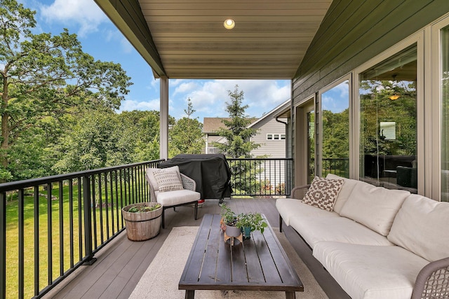 944 Cove Ct NW, Sauk Rapids, MN 56379 - wooden terrace featuring an outdoor living space, a grill, and a yard