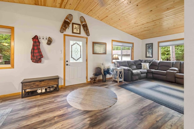 32157 County Road 39, Breezy Point, MN 56472 - living area featuring vaulted ceiling, plenty of natural light, wood ceiling, and wood finished floors