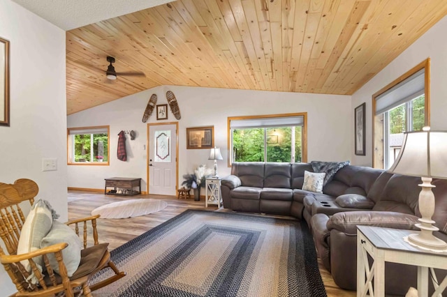 32157 County Road 39, Breezy Point, MN 56472 - living area with vaulted ceiling, wood finished floors, wood ceiling, and ceiling fan