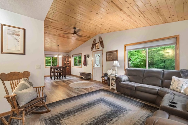 32157 County Road 39, Breezy Point, MN 56472 - living area featuring wood finished floors, lofted ceiling, wood ceiling, and a ceiling fan
