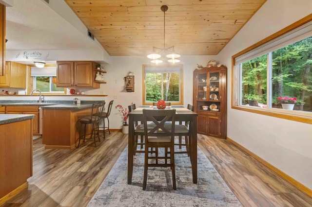 32157 County Road 39, Breezy Point, MN 56472 - dining area with wooden ceiling, light wood-style floors, and a chandelier