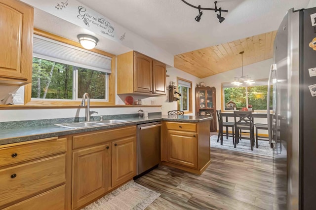32157 County Road 39, Breezy Point, MN 56472 - kitchen with appliances with stainless steel finishes, healthy amount of natural light, dark countertops, and vaulted ceiling
