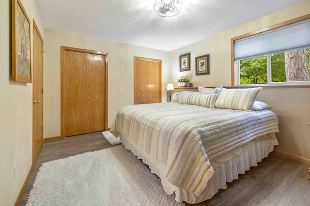 32157 County Road 39, Breezy Point, MN 56472 - bedroom featuring wood finished floors, two closets, and a textured ceiling