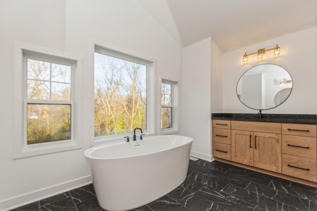 19908 67th Ave, Corcoran, MN 55340 - bathroom featuring vanity, a freestanding bath, marble finish flooring, and healthy amount of natural light