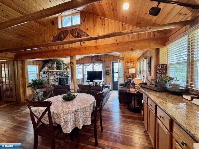 3069 Black Bay Rd, Cook, MN 55723 - dining space with dark wood finished floors, wood ceiling with exposed beams, a fireplace, wood walls, and high vaulted ceiling