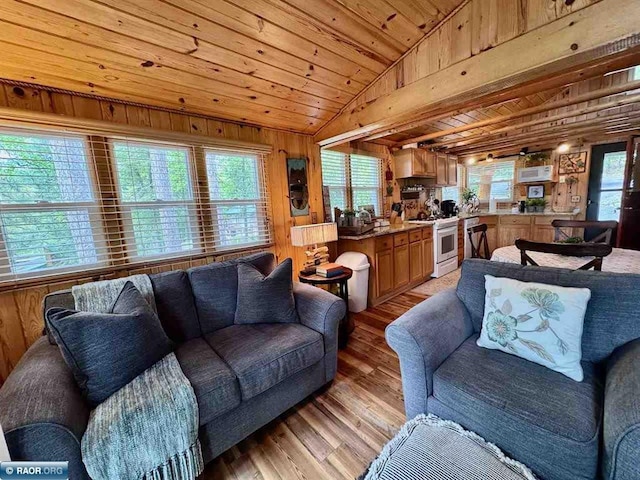 3069 Black Bay Rd, Cook, MN 55723 - living area featuring lofted ceiling, light wood-type flooring, wooden walls, wood ceiling, and an AC wall unit