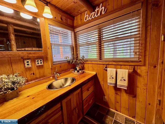 3069 Black Bay Rd, Cook, MN 55723 - bathroom featuring wooden walls, healthy amount of natural light, wooden ceiling, and vanity