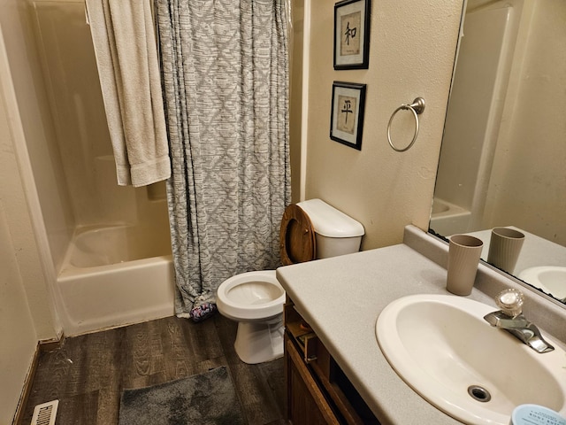 N7018/N7020 564th St, Red Cedar Twp, WI 54751 - bathroom featuring wood finished floors, toilet, vanity, and shower / tub combo