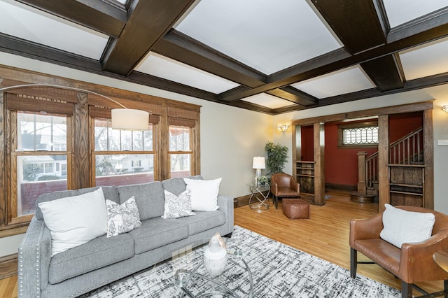 523 6th St SW, Rochester, MN 55902 - living room with coffered ceiling, baseboards, stairway, wood finished floors, and beamed ceiling