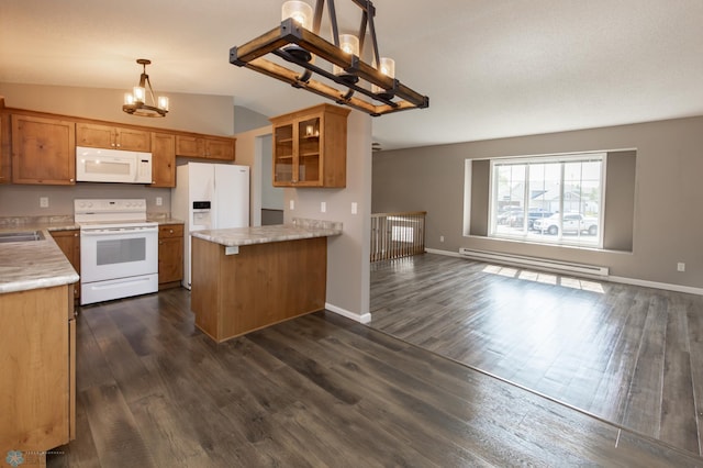715 49th St S, Fargo, ND 58103 - kitchen with white appliances, a baseboard radiator, a peninsula, a chandelier, and glass insert cabinets