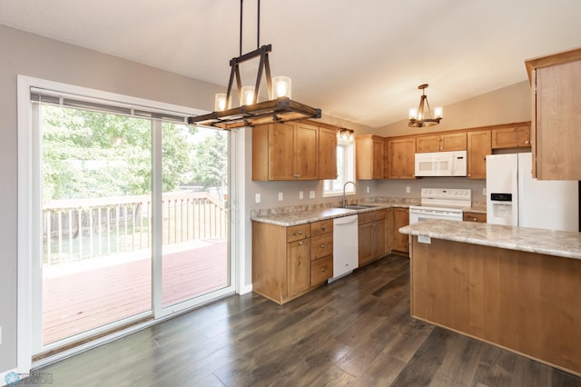715 49th St S, Fargo, ND 58103 - kitchen with white appliances, a chandelier, a sink, dark wood finished floors, and lofted ceiling