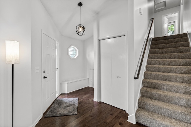 6956 Delarosa Ct, Inver Grove Heights, MN 55076 - foyer with dark wood finished floors, stairs, and vaulted ceiling