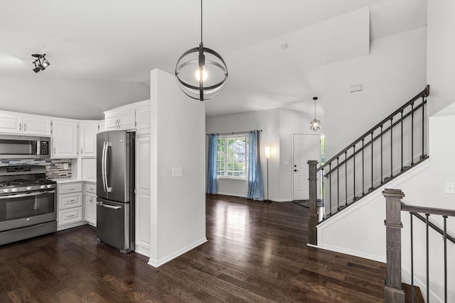 6956 Delarosa Ct, Inver Grove Heights, MN 55076 - kitchen featuring stainless steel appliances, dark wood-style flooring, white cabinets, light countertops, and decorative light fixtures