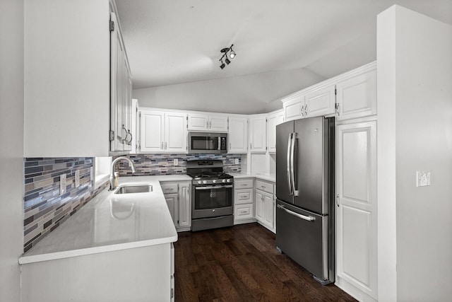 6956 Delarosa Ct, Inver Grove Heights, MN 55076 - kitchen with appliances with stainless steel finishes, tasteful backsplash, lofted ceiling, dark wood-type flooring, and white cabinetry