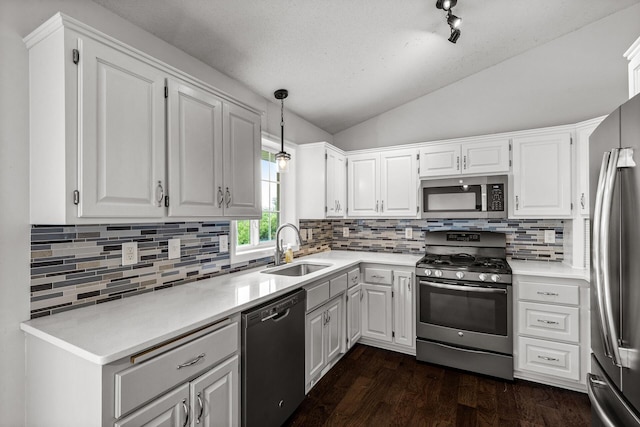 6956 Delarosa Ct, Inver Grove Heights, MN 55076 - kitchen with appliances with stainless steel finishes, lofted ceiling, white cabinetry, dark wood-style flooring, and light countertops