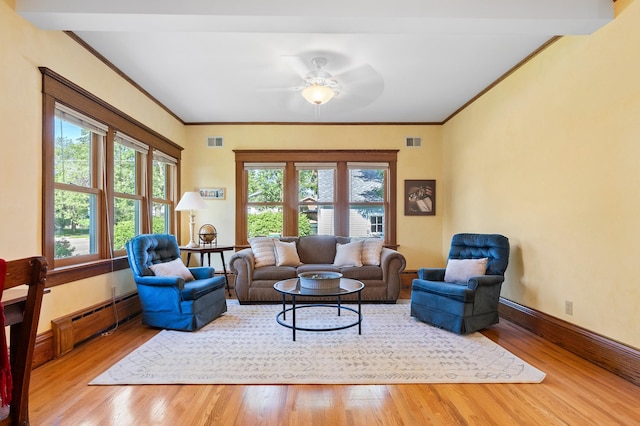 922 Fillmore St, Alexandria, MN 56308 - living room with a baseboard heating unit, ornamental molding, wood finished floors, and a ceiling fan