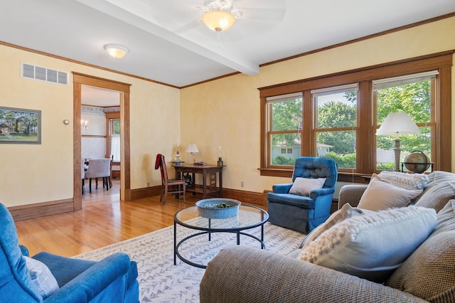 922 Fillmore St, Alexandria, MN 56308 - living area featuring light wood-type flooring, beam ceiling, and crown molding