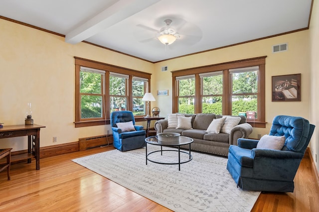 922 Fillmore St, Alexandria, MN 56308 - living room featuring light wood-style flooring, a ceiling fan, a baseboard heating unit, ornamental molding, and beamed ceiling