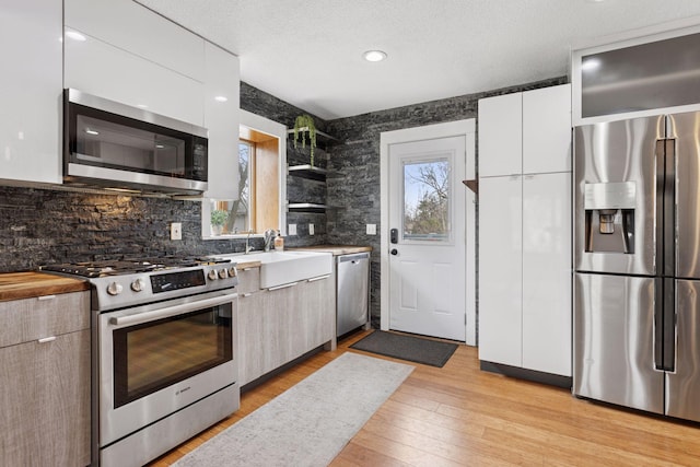 1659 Heron Ln, Mound, MN 55364 - kitchen featuring stainless steel appliances, modern cabinets, plenty of natural light, a sink, and a textured ceiling