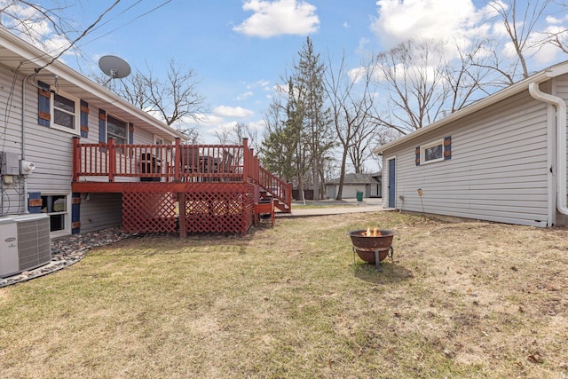1659 Heron Ln, Mound, MN 55364 - view of green lawn with a fire pit, a deck, and central AC