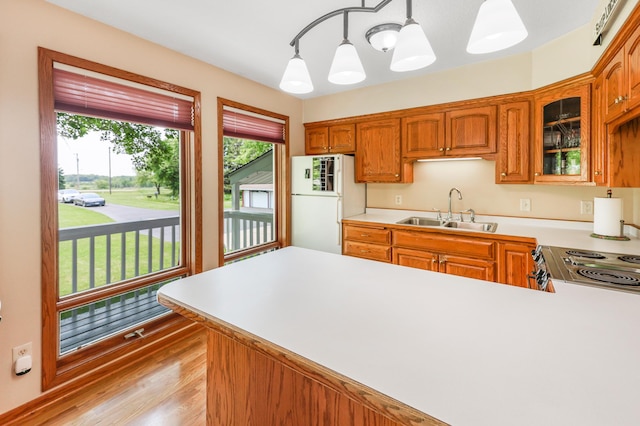 4195 25th St NE, Sauk Rapids, MN 56379 - kitchen with a sink, freestanding refrigerator, light countertops, and light wood finished floors