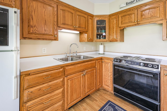 4195 25th St NE, Sauk Rapids, MN 56379 - kitchen with freestanding refrigerator, electric range, a sink, light countertops, and brown cabinets