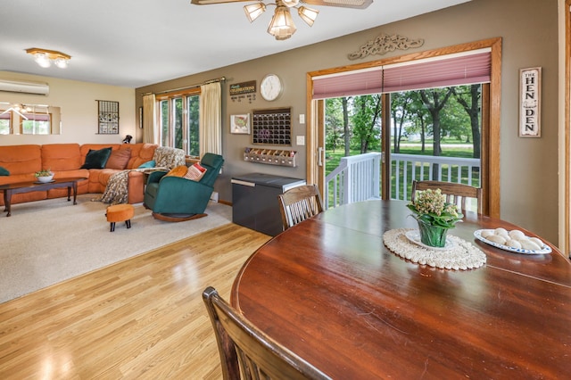 4195 25th St NE, Sauk Rapids, MN 56379 - dining room featuring a wall mounted AC, a ceiling fan, plenty of natural light, and wood finished floors