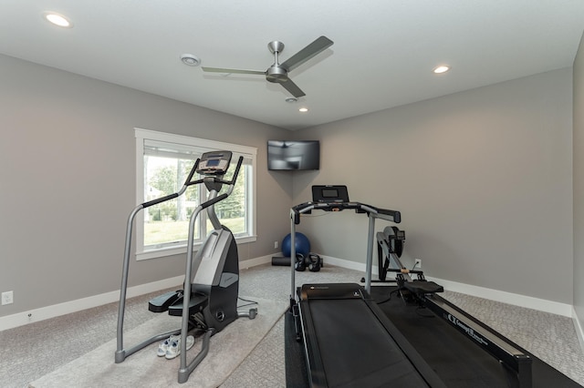 3039 Lady Slipper Ln SW, Rochester, MN 55902 - exercise room featuring a ceiling fan, light carpet, and recessed lighting