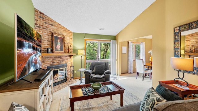 2606 Lake Court Dr, Mounds View, MN 55112 - carpeted living room featuring a fireplace, a textured ceiling, and high vaulted ceiling