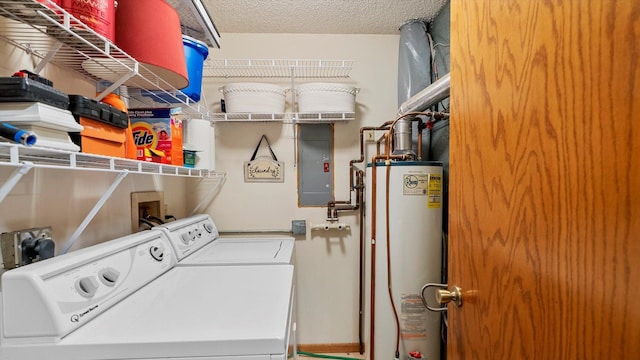 2606 Lake Court Dr, Mounds View, MN 55112 - washroom with washer and clothes dryer, water heater, electric panel, baseboards, and a textured ceiling