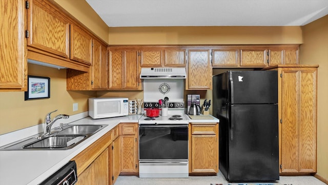 2606 Lake Court Dr, Mounds View, MN 55112 - kitchen featuring white appliances, ventilation hood, a sink, light countertops, and brown cabinets