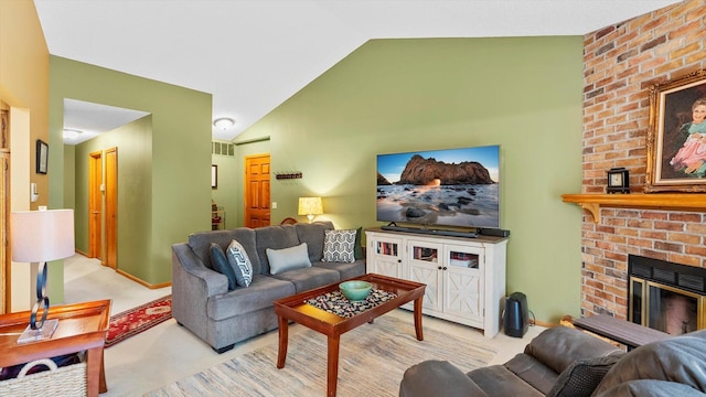 2606 Lake Court Dr, Mounds View, MN 55112 - living room with lofted ceiling, carpet floors, and a fireplace