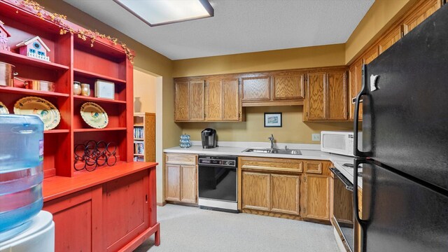 2606 Lake Court Dr, Mounds View, MN 55112 - kitchen with black appliances, a sink, light carpet, light countertops, and open shelves
