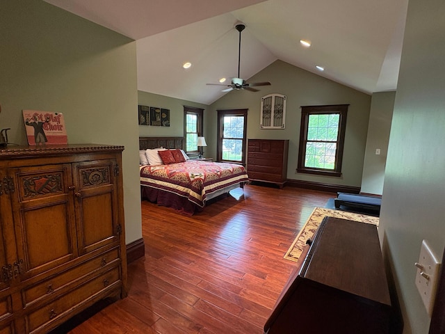 1710 Maple Ave, Benson, MN 56215 - bedroom featuring dark wood-style flooring, vaulted ceiling, ceiling fan, baseboards, and recessed lighting