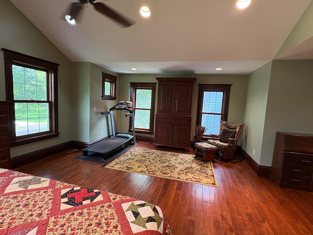 1710 Maple Ave, Benson, MN 56215 - workout area featuring a ceiling fan, dark wood-type flooring, healthy amount of natural light, baseboards, and vaulted ceiling
