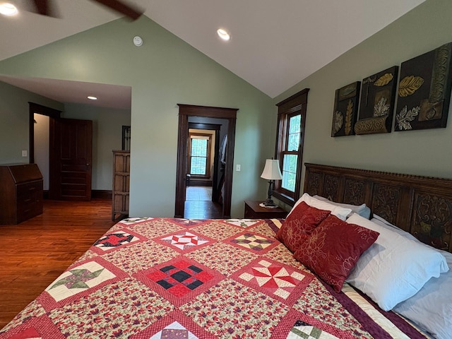 1710 Maple Ave, Benson, MN 56215 - bedroom featuring wood finished floors, recessed lighting, high vaulted ceiling, and a ceiling fan