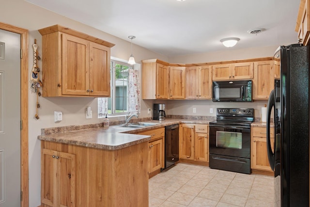 501 Lakeshore Blvd W, Onamia, MN 56359 - kitchen with black appliances, a sink, light tile patterned floors, a peninsula, and light brown cabinets