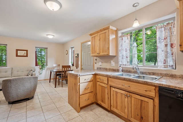 501 Lakeshore Blvd W, Onamia, MN 56359 - kitchen with black dishwasher, a sink, a peninsula, light tile patterned flooring, and open floor plan
