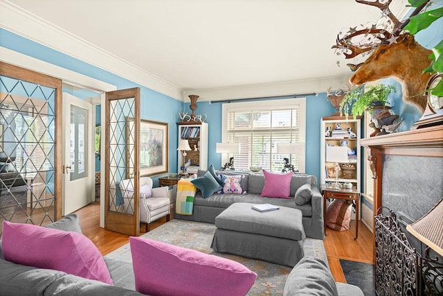 2401 5th St, Duluth, MN 55812 - living room with crown molding, wood finished floors, and french doors