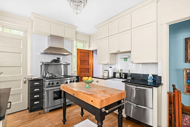 2401 5th St, Duluth, MN 55812 - kitchen with wall chimney range hood, appliances with stainless steel finishes, dark countertops, and backsplash
